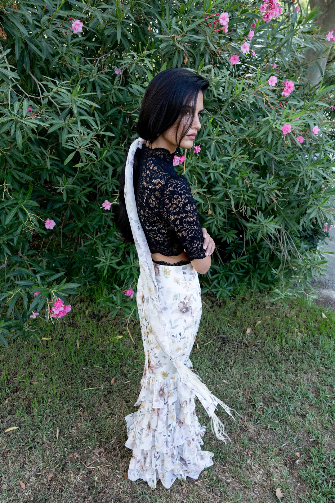 Ifa, black chiffon scarf with multicolor floral print