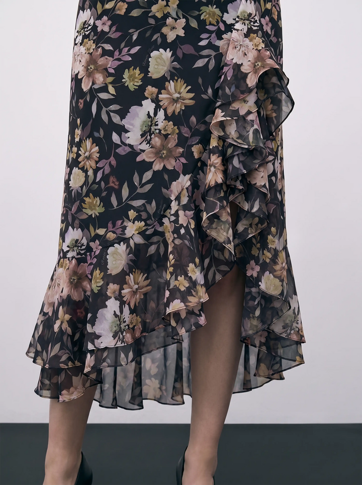Carmen midi, black chiffon midi skirt with multicolor floral print