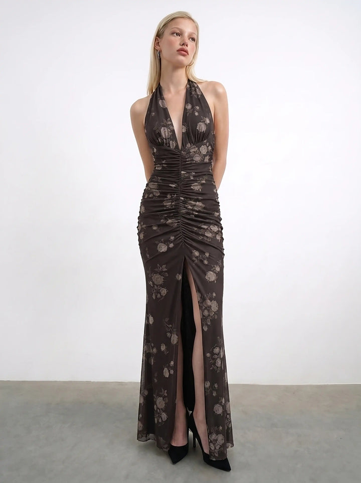 Luna maxi, maxi dress in chocolate mesh with a floral print