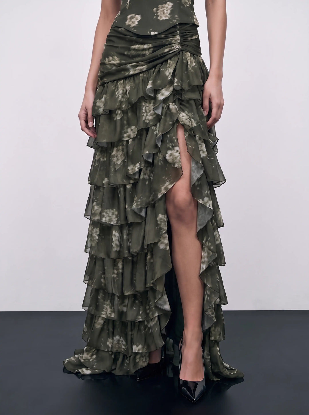 Lissa maxi, khaki chiffon maxi skirt with ivory flowers