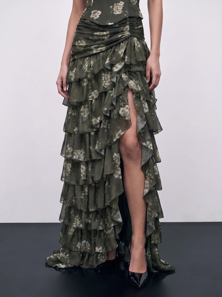 Lissa maxi, khaki chiffon maxi skirt with ivory flowers