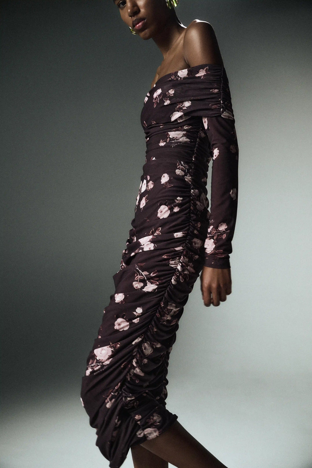 Iry midi, draped midi dress with long sleeves made of chocolate mesh with floral print