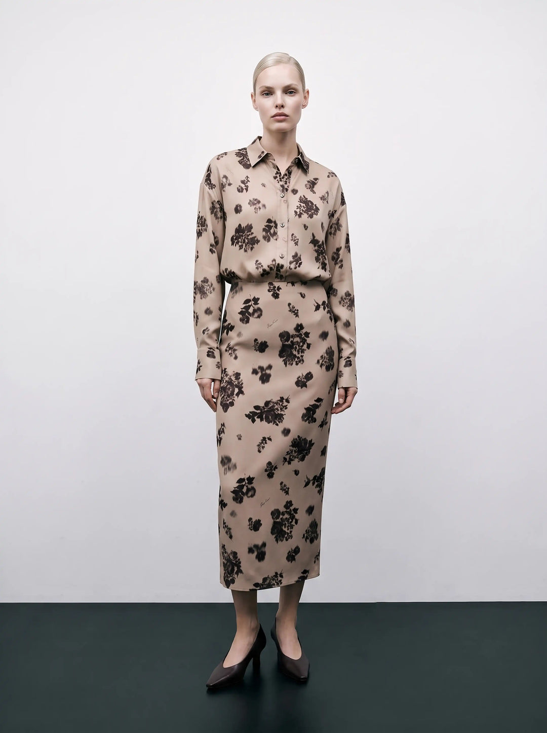Harper, beige crepe de chine blouse with chocolate flowers