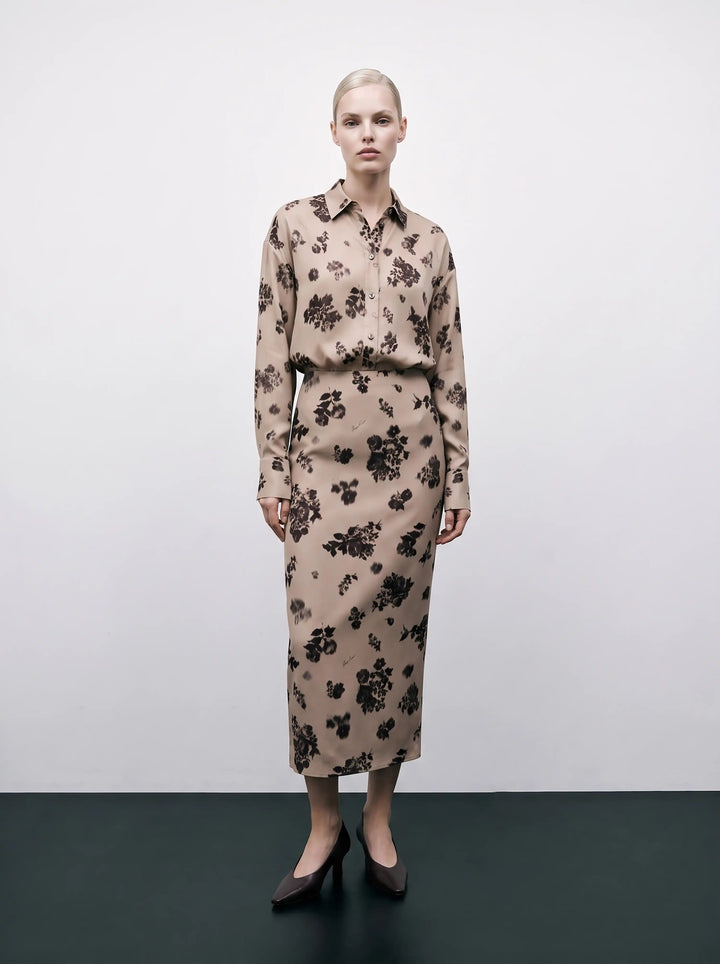 Harper, beige crepe de chine blouse with chocolate flowers