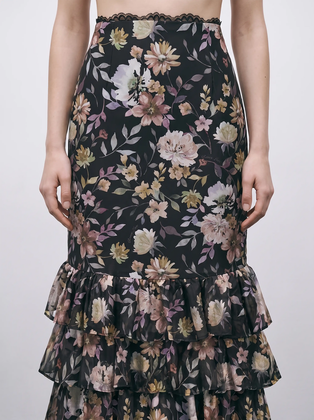 Ru, black chiffon midi skirt with multicolor floral print and lace trim
