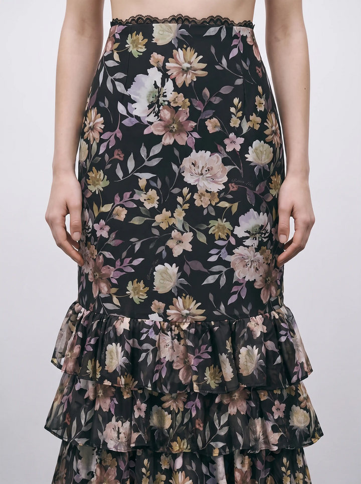 Ru, black chiffon midi skirt with multicolor floral print and lace trim