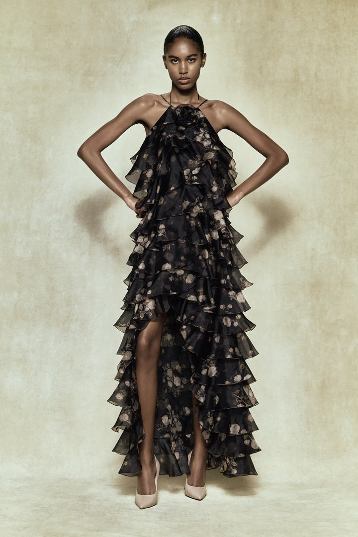 Dakota, maxi dress made of chocolate organza with floral print