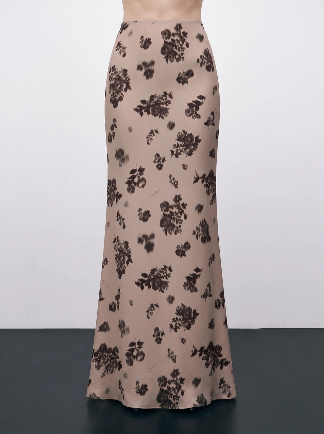 Kerelin maxi, beige crepe de chine maxi skirt with chocolate flowers