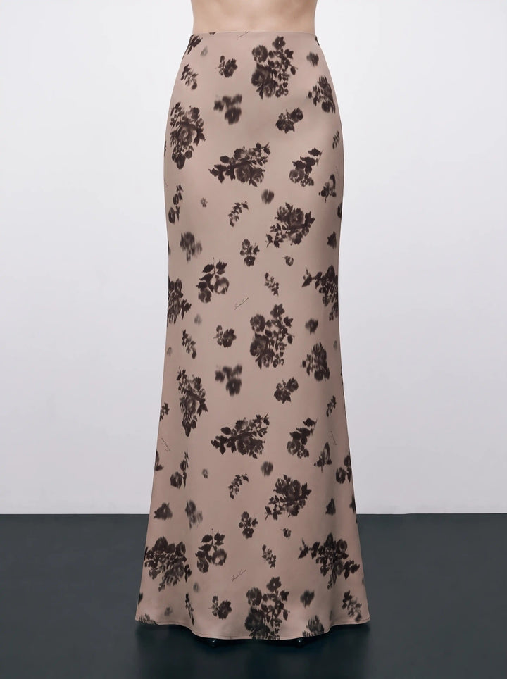 Kerelin maxi, beige crepe de chine maxi skirt with chocolate flowers