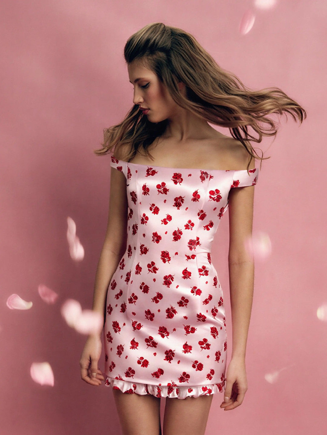 Cleo mini, light pink satin mini dress with floral print