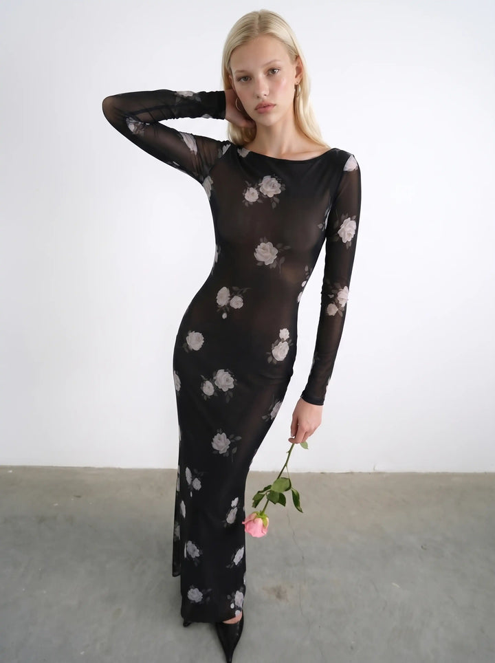 Monet maxi, milky mesh maxi dress with a floral print