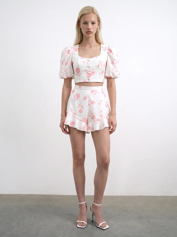 Audrie, ivory batiste shorts with medium light pink flowers