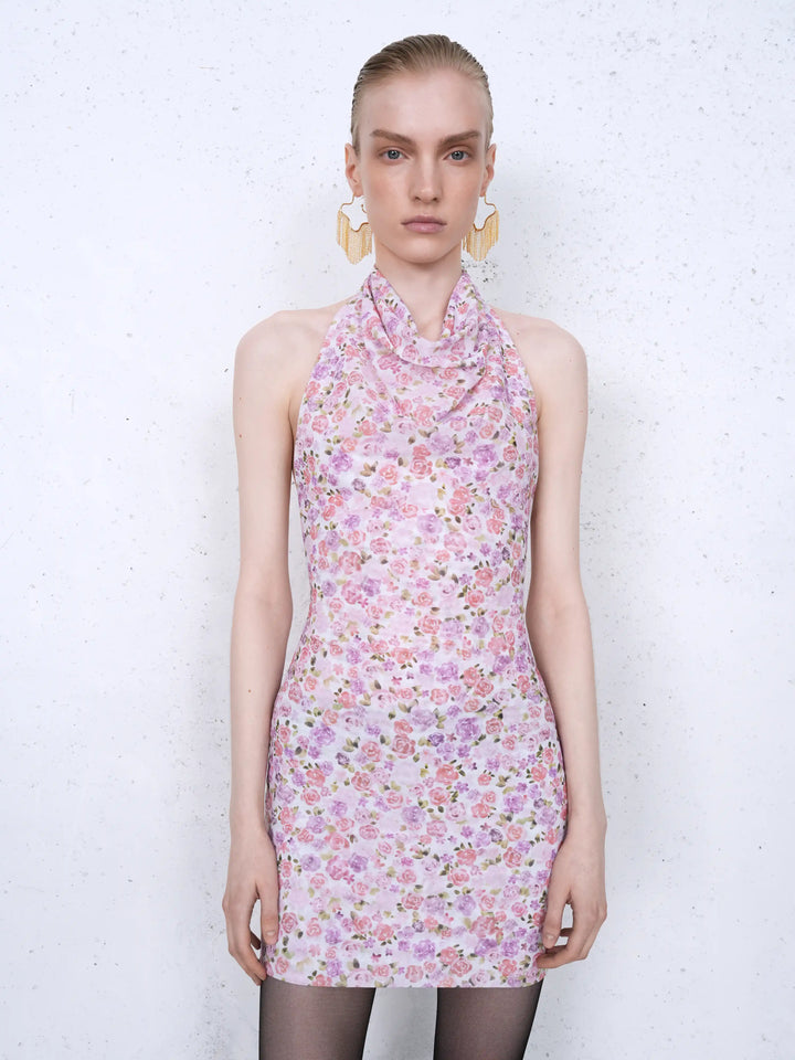 Esty mini, mini dress in milk mesh with a floral print