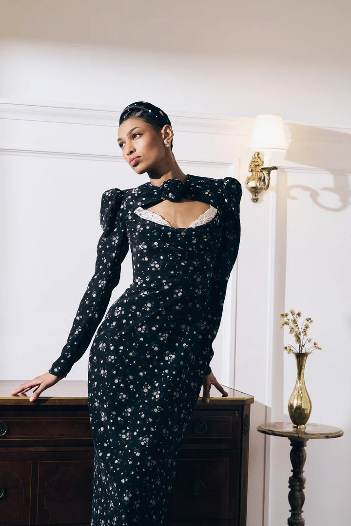 Macel midi, midi dress made of dark green crepe de chine with a floral print