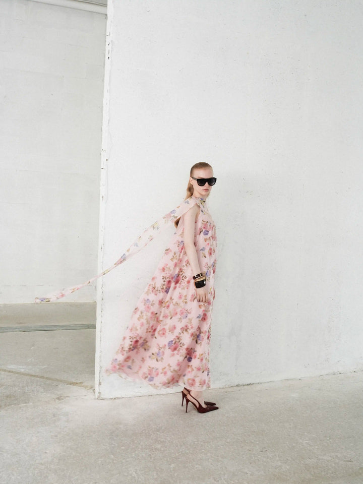Karine maxi, strappy maxi dress in light pink chiffon with a floral print