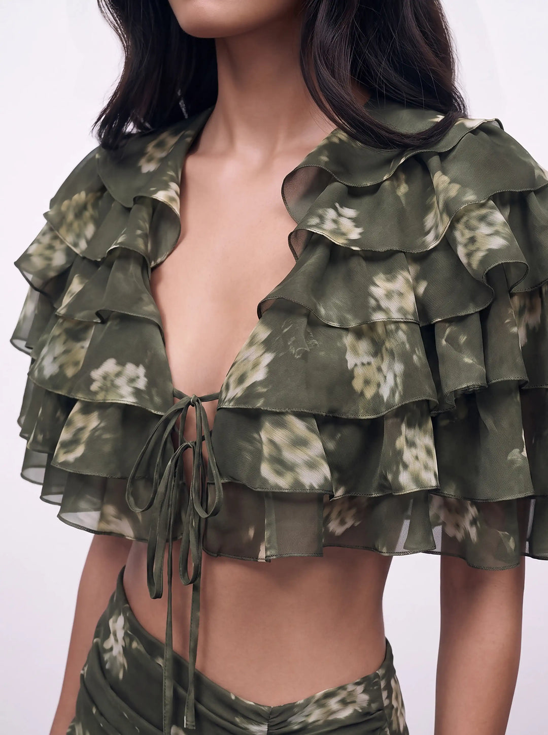 Muza, khaki chiffon crop top with ivory flowers