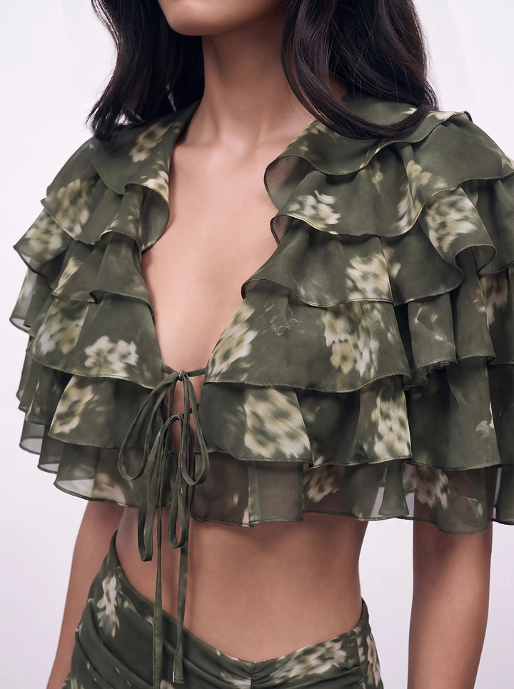 Muza, khaki chiffon crop top with ivory flowers