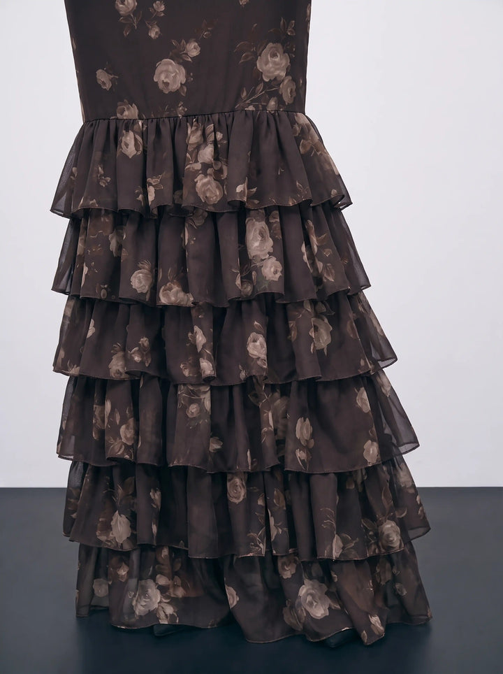Ru, chocolate chiffon maxi skirt with beige flowers and lace trim