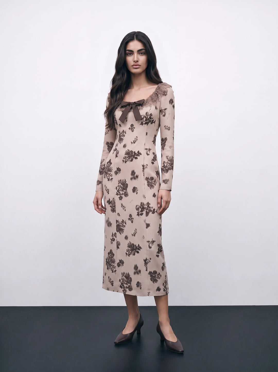 Uma midi, beige crepe de chine midi dress with chocolate flowers