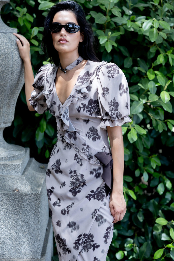Pamela midi, beige crepe de chine midi dress with chocolate flowers