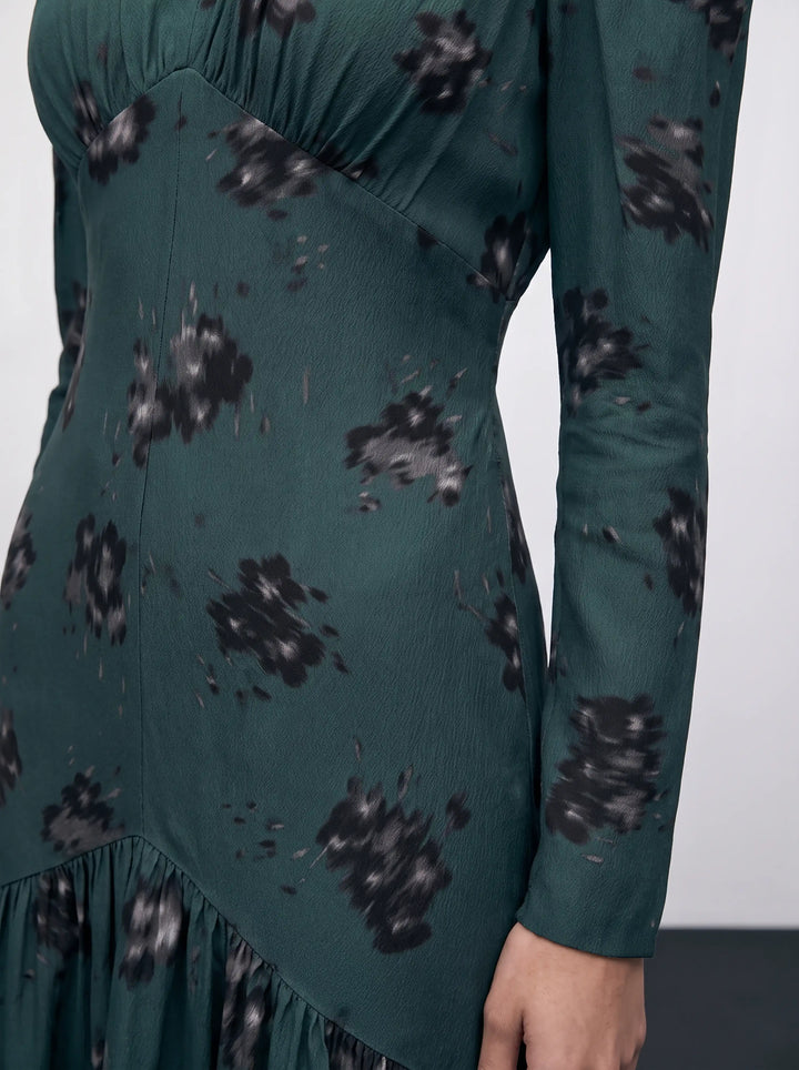 Bree midi, emerald crepe de chine midi dress with black flowers