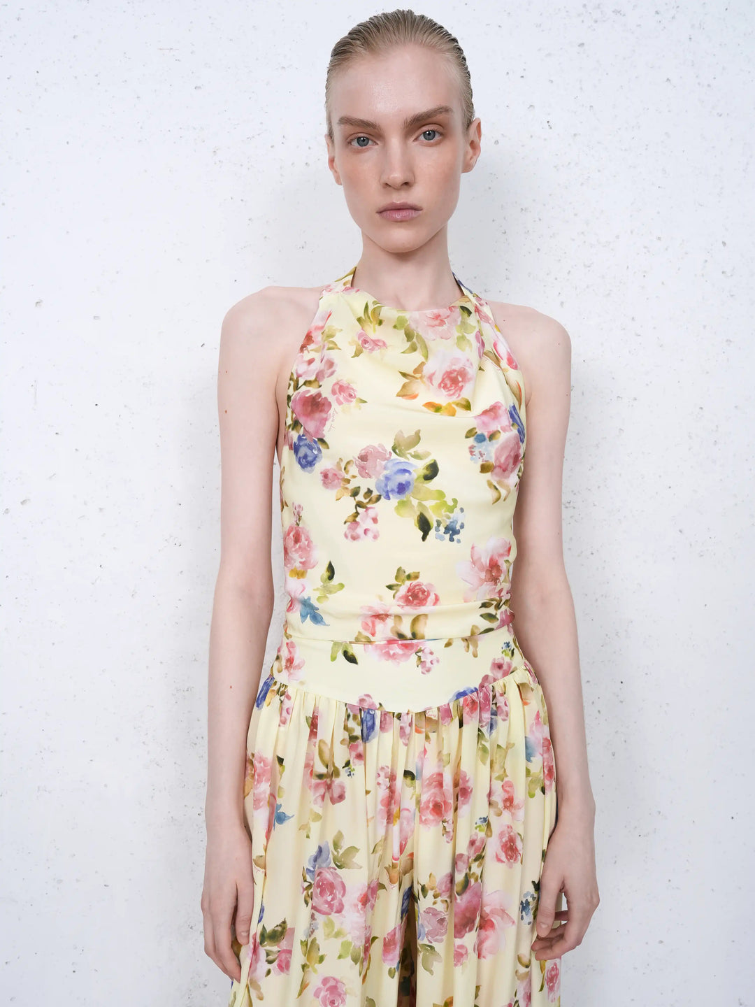 Esty top, top in pale yellow crepe de chine with a floral print