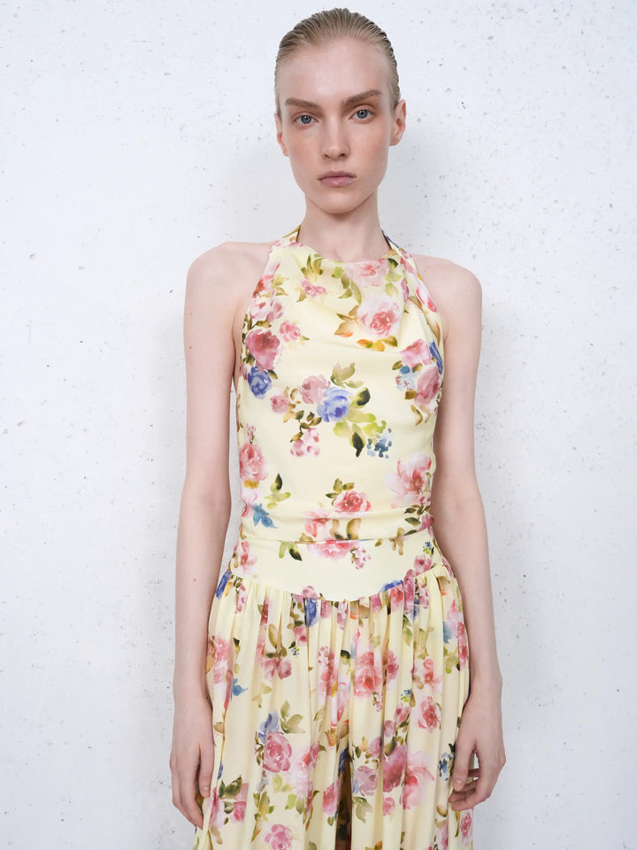Esty top, top in pale yellow crepe de chine with a floral print