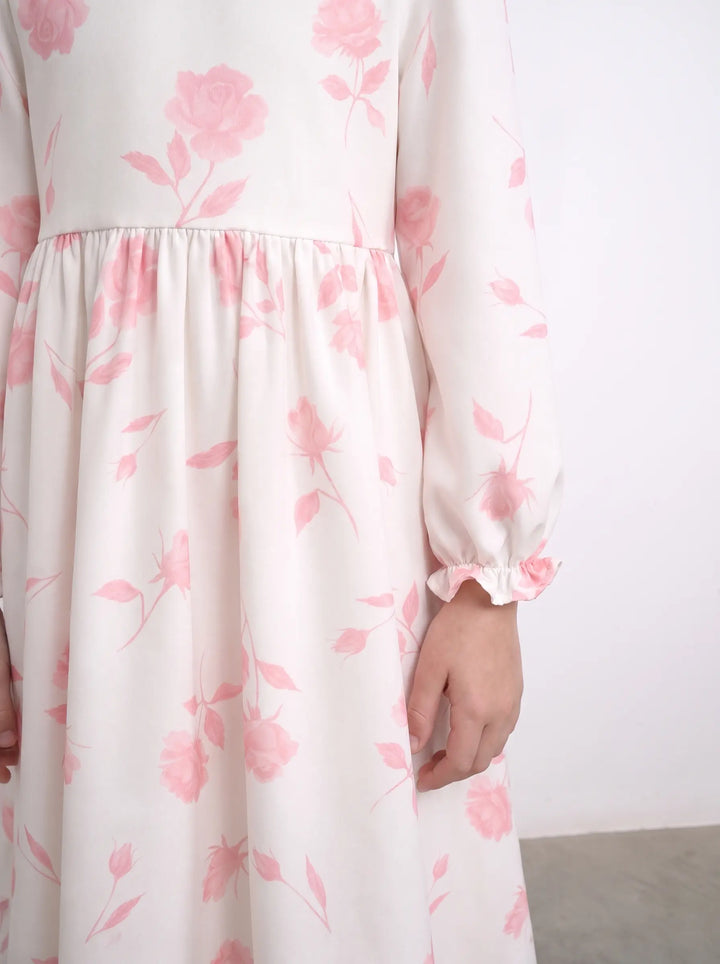 Eva, ivory batiste children's dress with medium light pink flowers