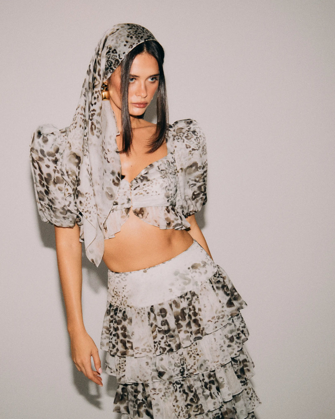 Carmelita midi, ivory chiffon midi skirt with animal print
