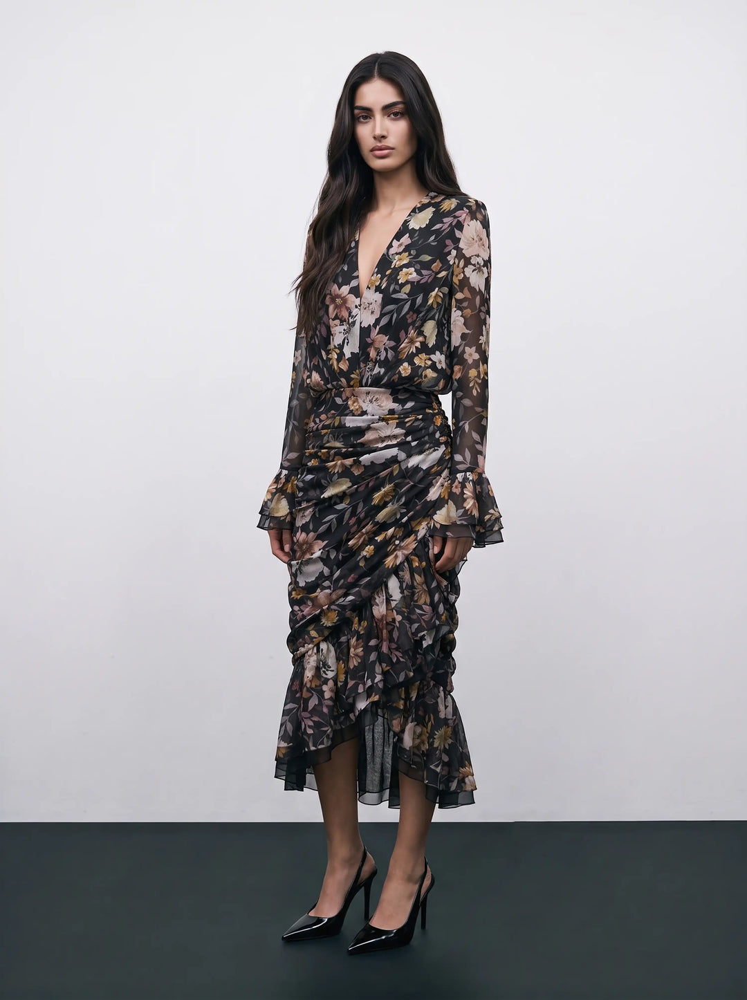 Mira midi, black chiffon midi dress with multicolor floral print