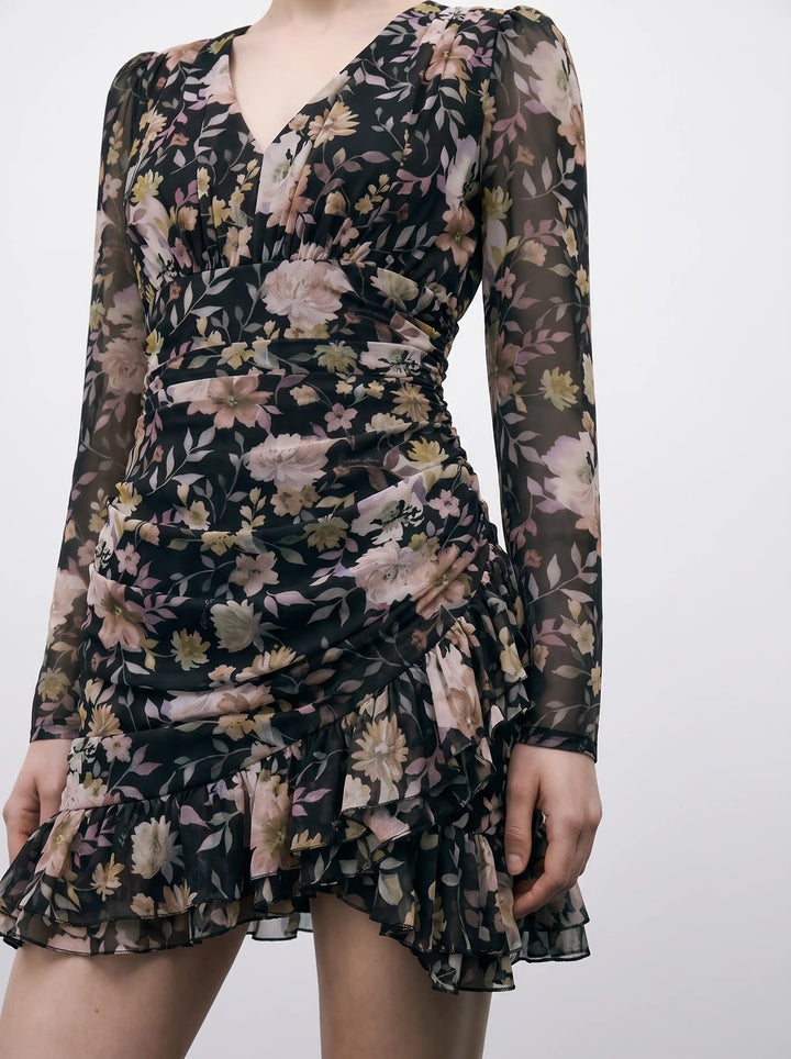 Josephine sleeves, mini dress with long sleeves made of black chiffon with floral print