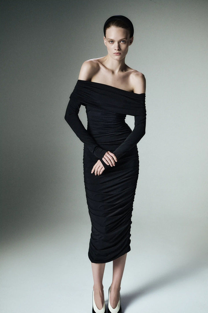 Iry midi, draped midi dress with long sleeves made of black biflex