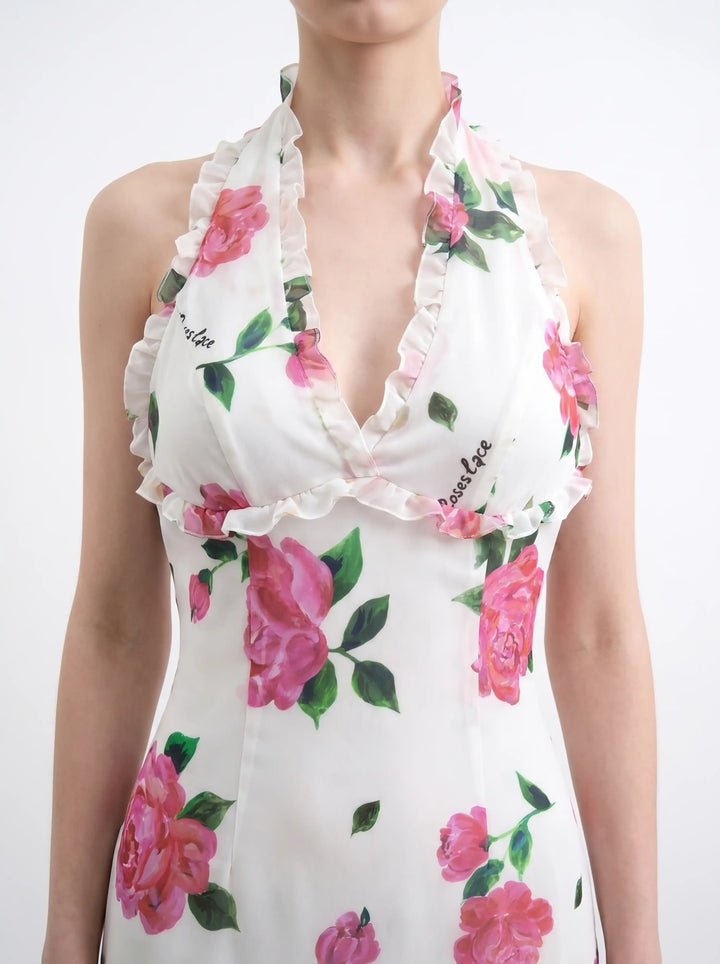 Quora midi, ivory chiffon midi dress with raspberry flowers