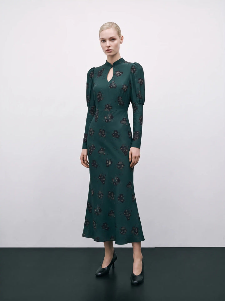 Giannetta midi, emerald crepe de chine midi dress with black flowers