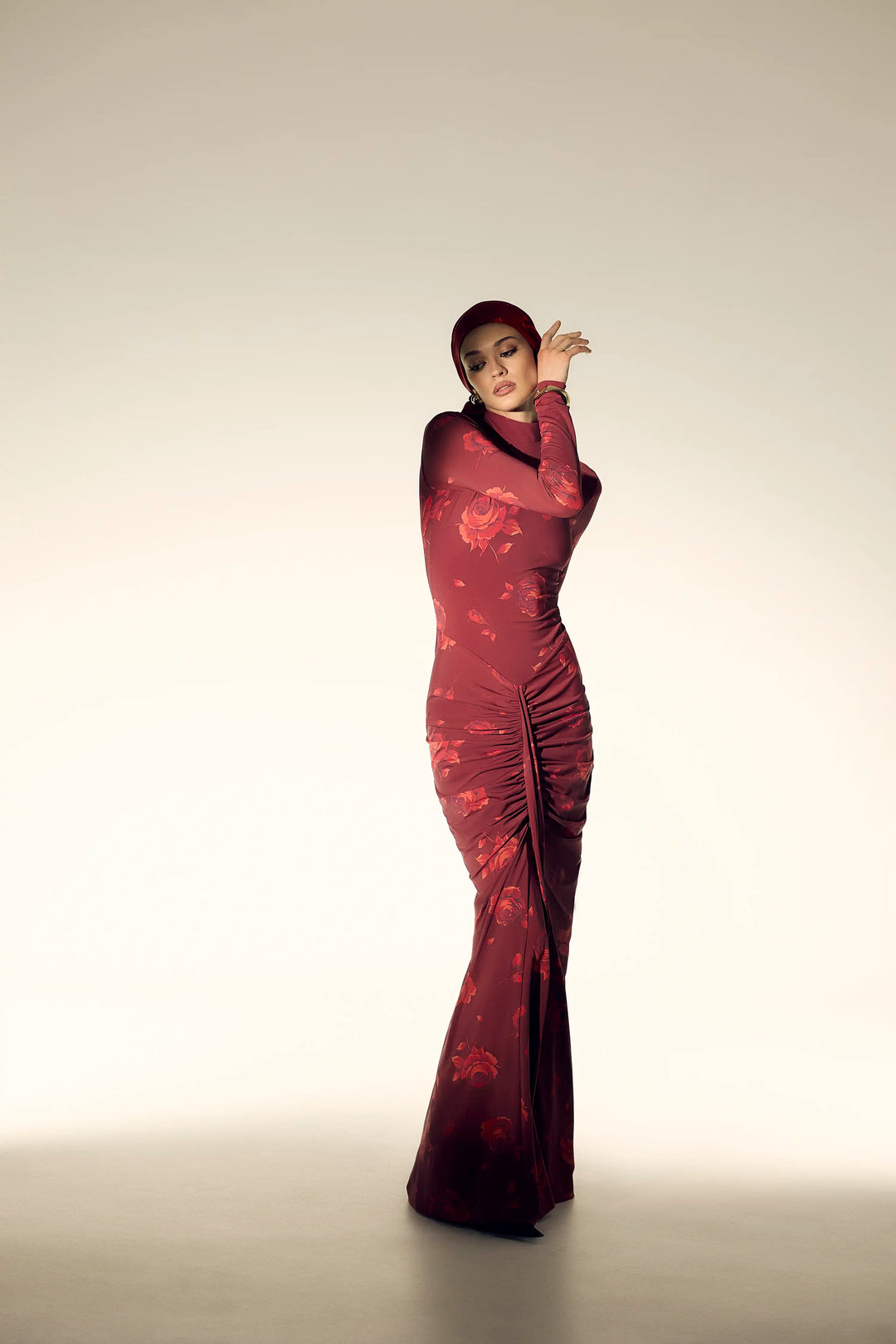 Ivy sleeves, burgundy biflex maxi dress with a floral print