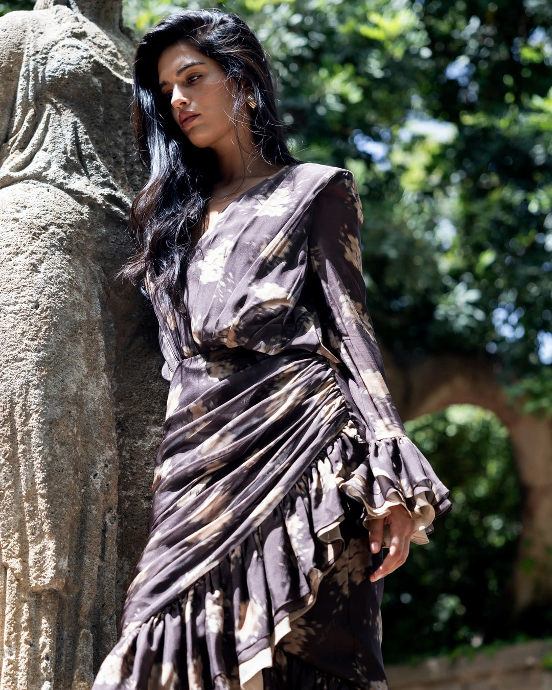 Mira midi, chocolate chiffon midi dress with beige flowers