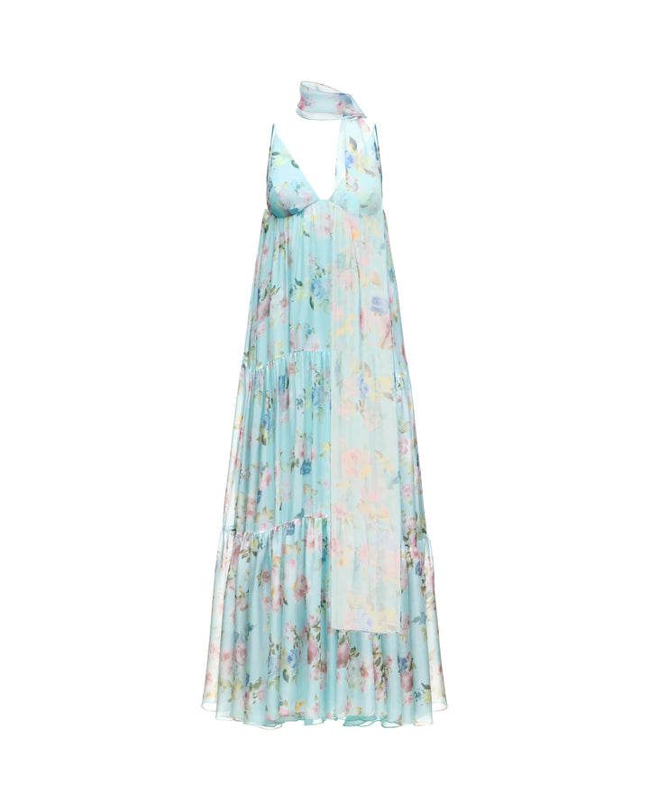 Fleur maxi, blue chiffon maxi dress with a floral print