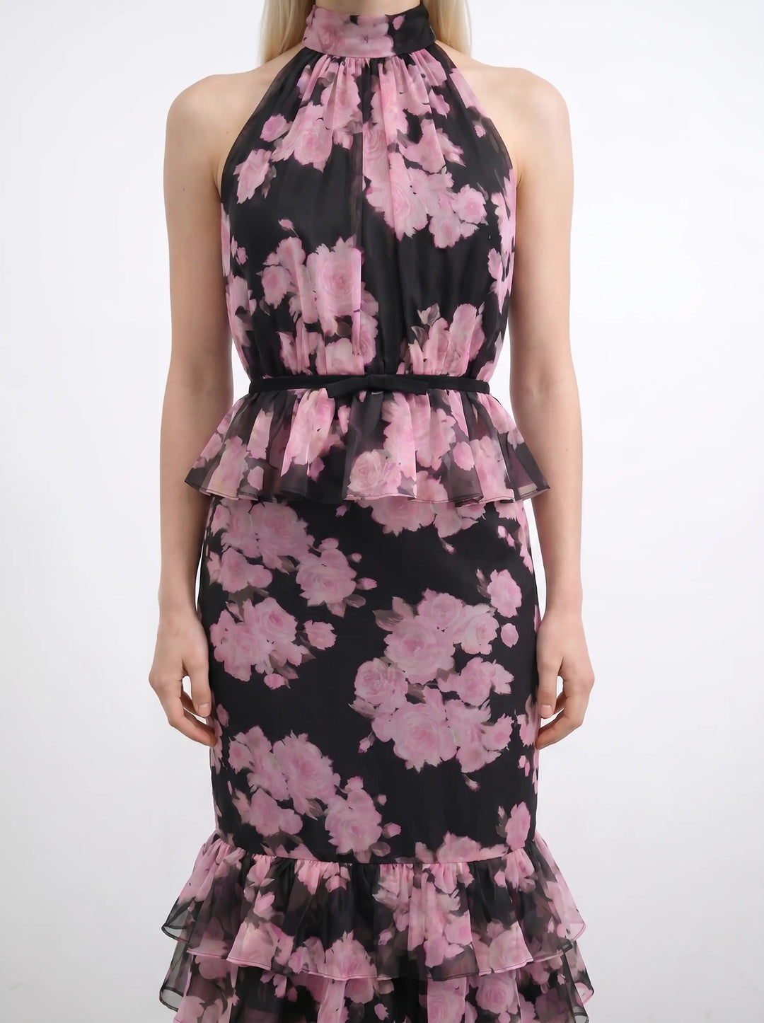 Rosie midi, black chiffon midi dress with large pink flowers