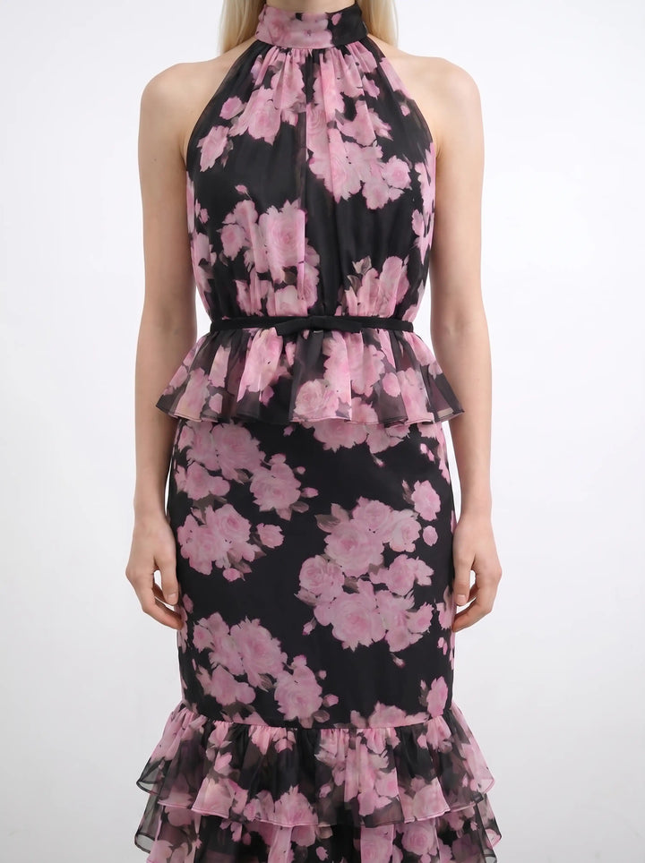Rosie midi, black chiffon midi dress with large pink flowers