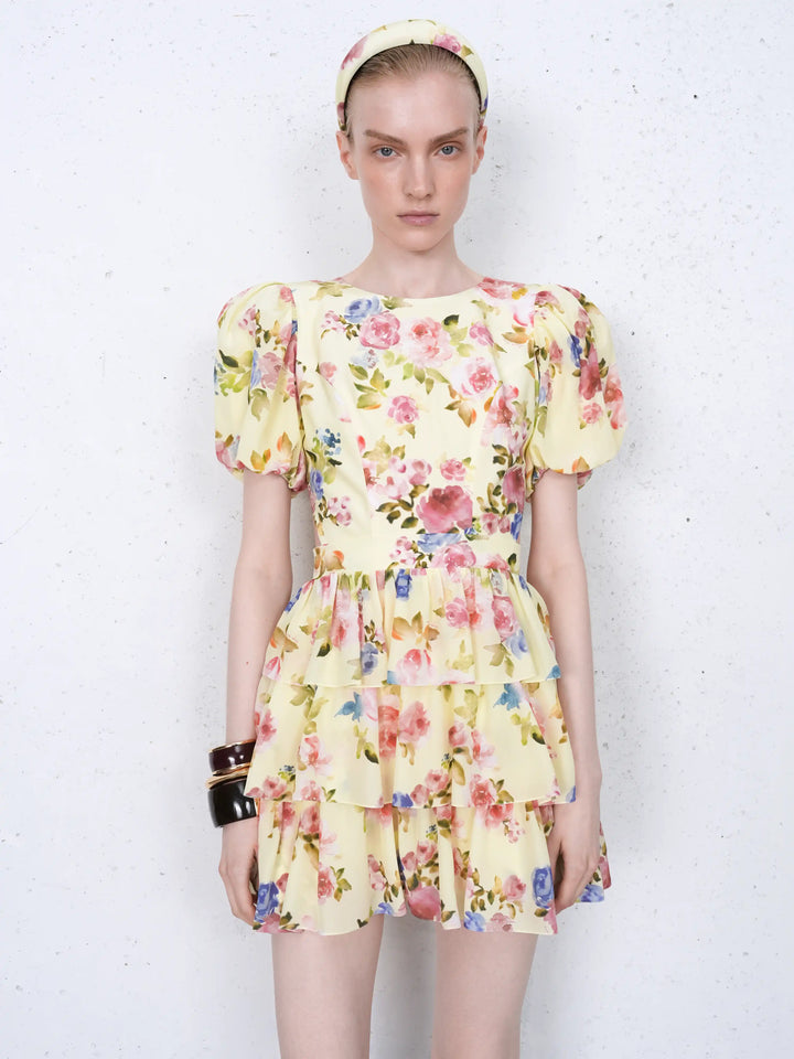 Sorelly mini, mini dress in pale yellow crepe de chine with a floral print