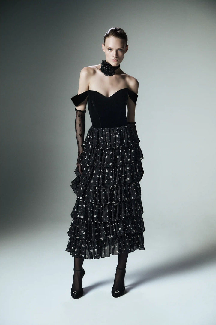 Lisen, corset midi dress made of black velvet and chiffon with small floral print