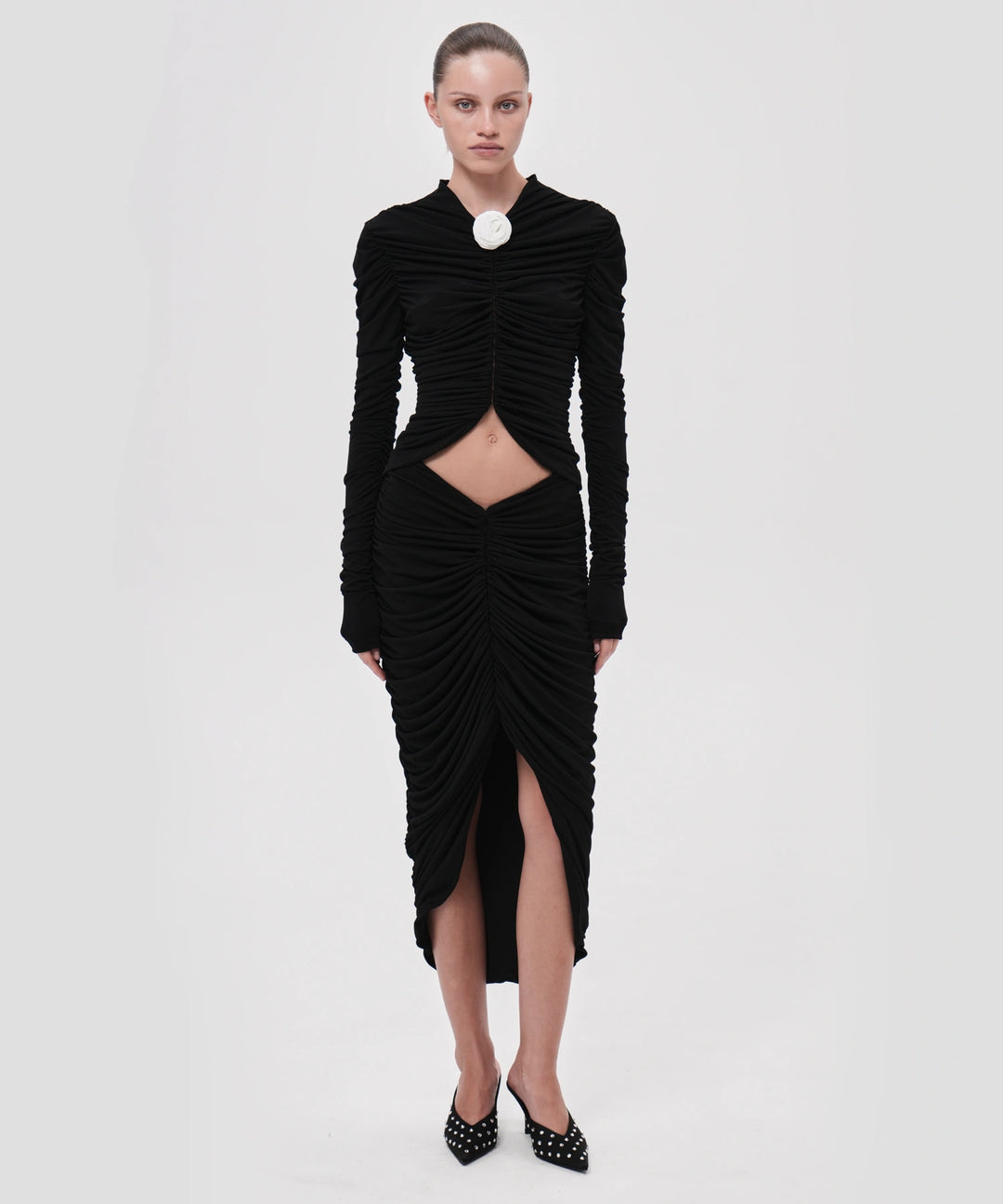 Gloria, midi skirt draped made of black biflex