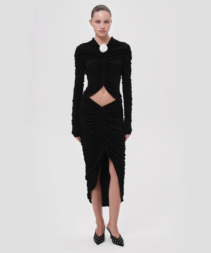 Gloria, midi skirt draped made of black biflex