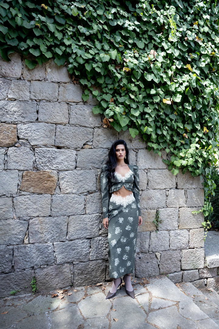 Rennie top, khaki crepe de chine top with ivory flowers