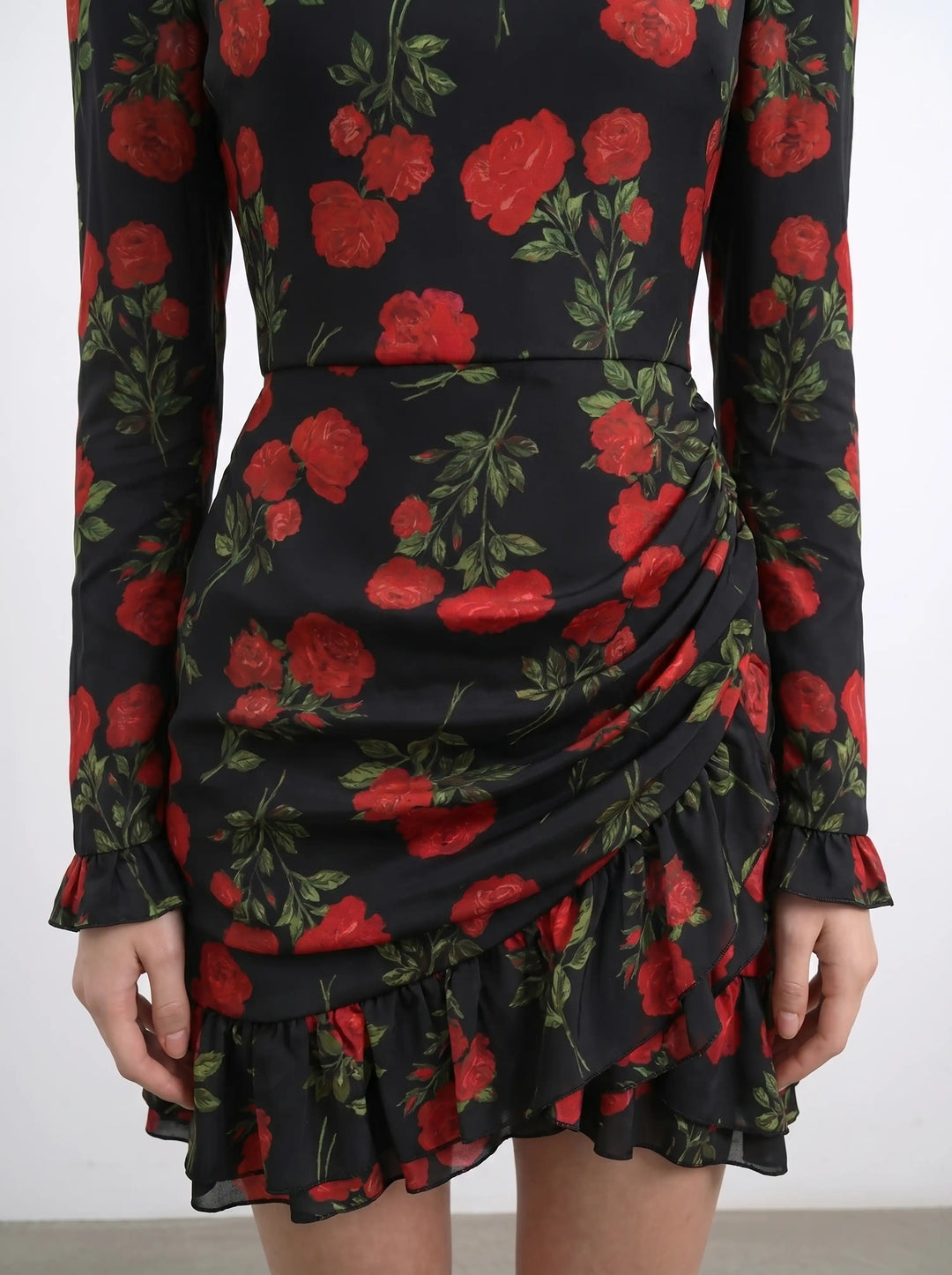 Charlotte mini, mini dress in black crepe de chine with medium red roses