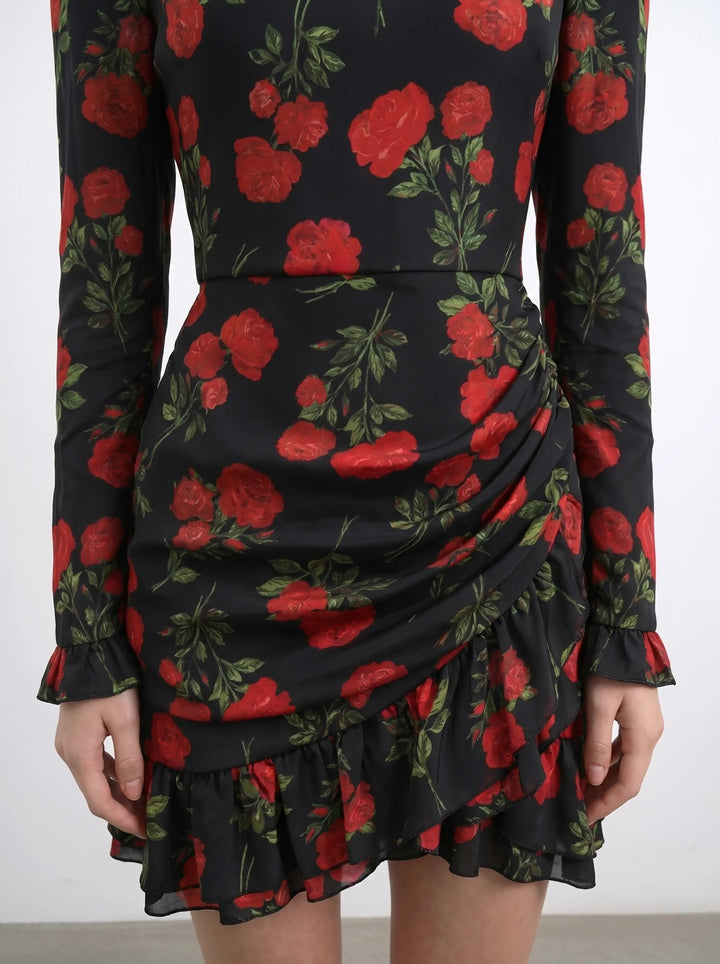 Charlotte mini, mini dress in black crepe de chine with medium red roses