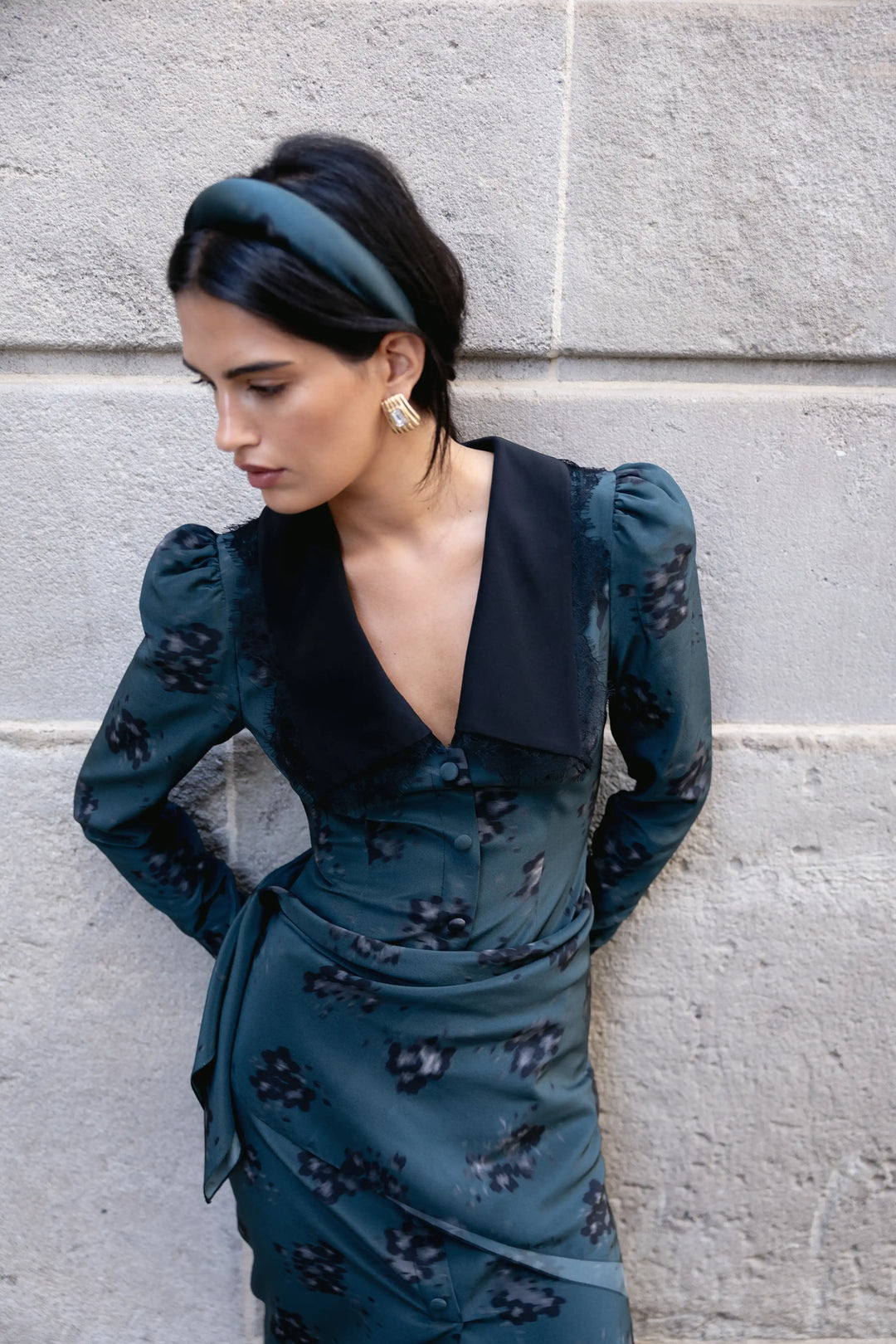 Adaline midi, emerald crepe de chine midi dress with black flowers