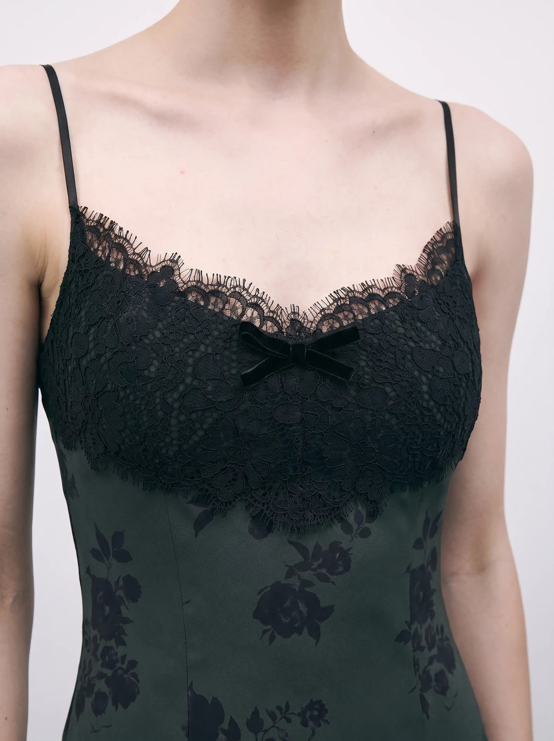 Andreana midi, dark green crepe de chine midi dress with black flowers