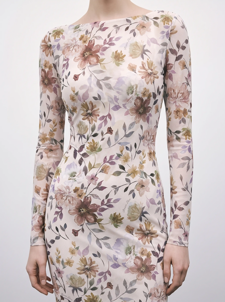 Netty midi, milky mesh midi dress with multicolor floral print