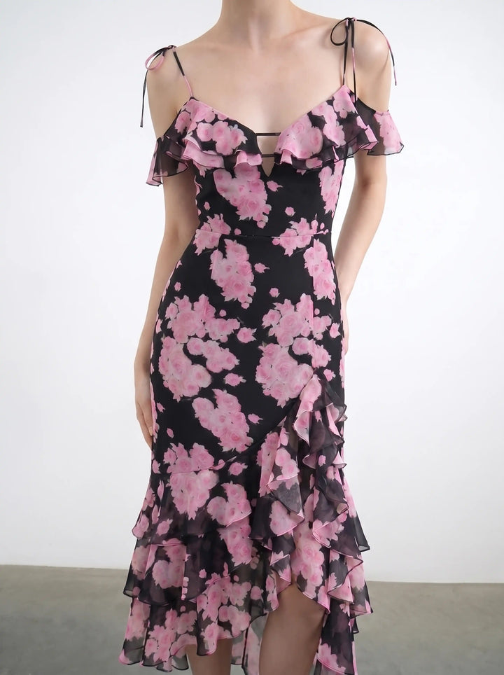 Monika midi, black chiffon midi dress with large pink flowers